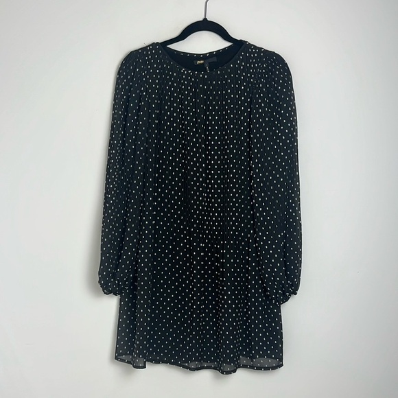 Maje Modern Pleated Allover Black & White Polka Dot Print Shift Mini Dress Small - Picture 3 of 11